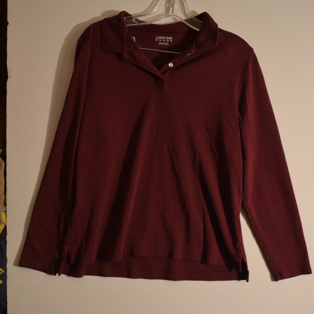 LANDS' END Polo Collar Neck 2 Buttons-Up Burgundy Long Sleeves Soft Cotton Tee M